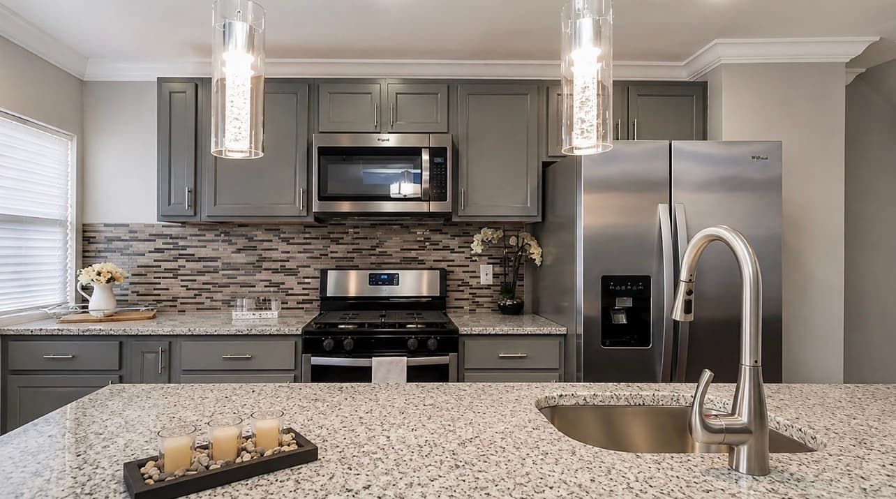 Finished kitchen remodel with gray cabinetry, stone counters, and stainless appliances