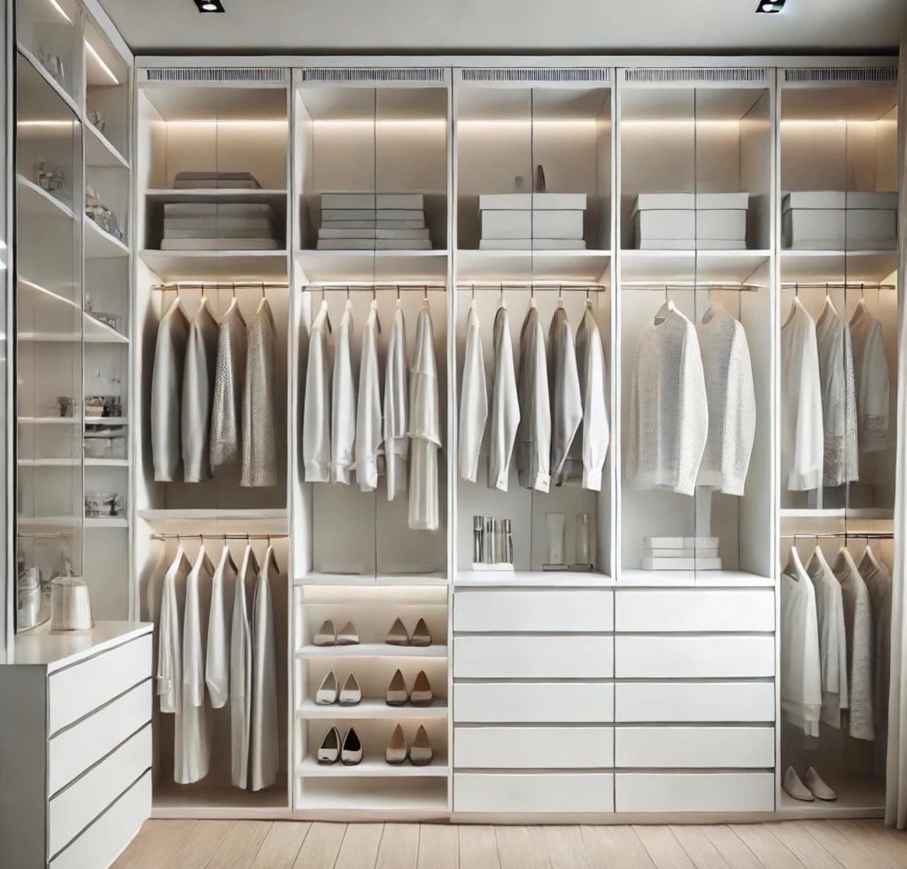 Custom closet with illuminated shelving, hanging space, and built-in drawers