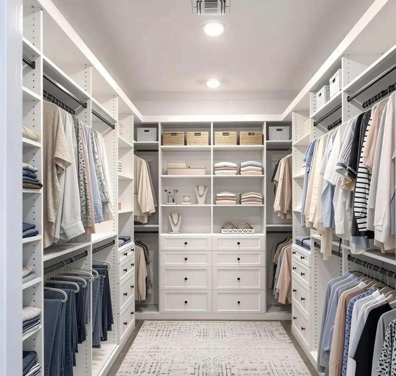 Walk-in closet with open shelving, drawers, and organized hanging space