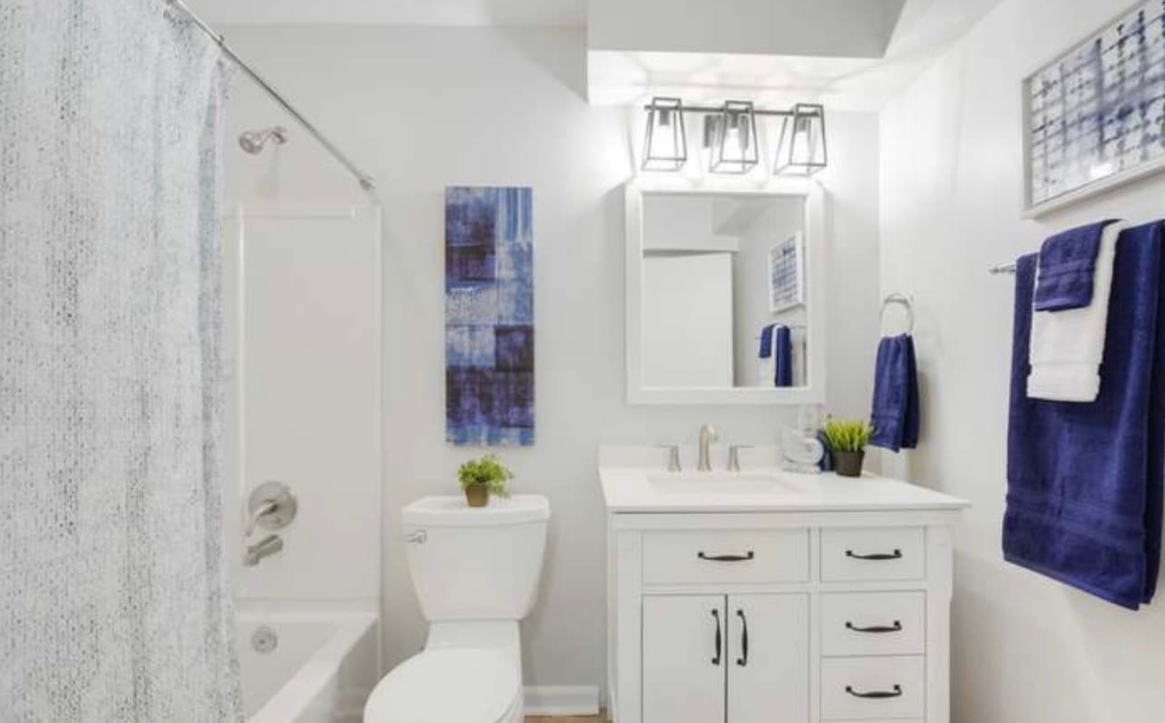 Updated hall bathroom with new vanity, lighting, and fresh finishes